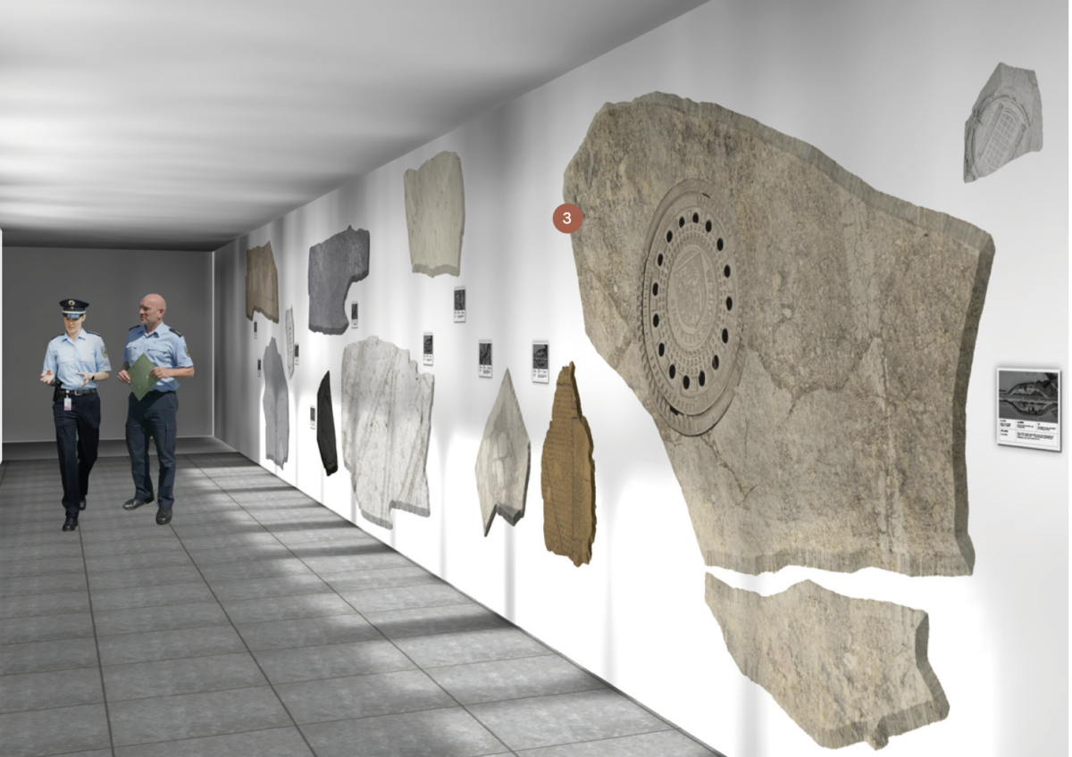 Visualierung der an der Wand montierten Abgüsse – es werden unterschiedliche Farbtexturen verschiedener Sedimentgesteinte der Region verwendet.