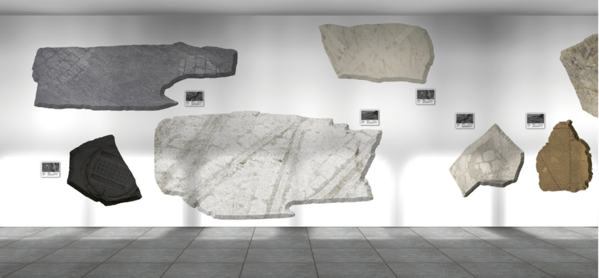 Die Anordnung der Reliefs erfolgt in unregelmäßigen Clustern, wie Fundstücke in einem Depot oder Bruchstücke eines historischen fossilen Steinfrieses.